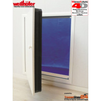 Wellhöfer Kniestocktür WS4D mit WärmeSchutz 4D, berechneter U-Wert 0,5 W/(m²K), B 60 x H 100 cm, Türblatt weiß beschichtet. Jede Wellhöfer Kniestocktür WS 4D wird inkl. weißen Deckleisten-Stecksystem geliefert.