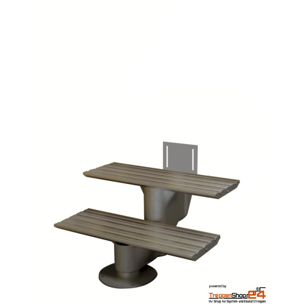 Außentreppe AluStep 210 mit 3 Steigungen ohne Geländer für eine Geschosshöhe von 55,5 - 67,5 cm, Ausladung 53 cm, Stufenträger aus Aluminium Guss sandgestrahlt mit Profilstufen 75x28 cm Alu eloxiert, Stufenbreite 75 cm.