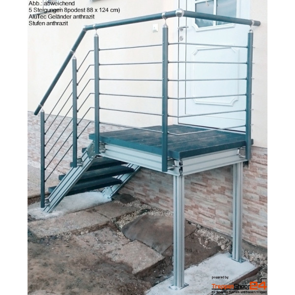 Außentreppe Alaska V3 mit Podest, 3 - 15 Steigungen mit Kunststoffstufen anthrazit oder grau und Aluminiumwangen 140 x 40 mm eloxiert, ohne Geländer, für eine Geschosshöhe 54 - 306,5 cm. Gegen Mehrpreis erweiterbar und mit Geländer lieferbar.
