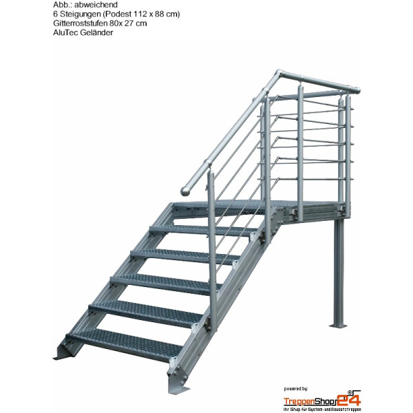 Außentreppe Alaska V3 mit Podest, 3 - 15 Steigungen mit Kunststoffstufen anthrazit oder grau und Aluminiumwangen 140 x 40 mm eloxiert, ohne Geländer, für eine Geschosshöhe 54 - 306,5 cm. Gegen Mehrpreis erweiterbar und mit Geländer lieferbar.