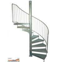 Spindeltreppe Silver Ø 230 cm, 12 Steigungen (11 Stufen + Podest) mit Gitterroststufen, feuerverzinkt, inkl. Podestgeländer für eine Geschoßhöhe von 216 - 252 cm, inkl. Rohrgeländer. Erweiterbar gegen Aufpreis bis 35 Steigungen.
