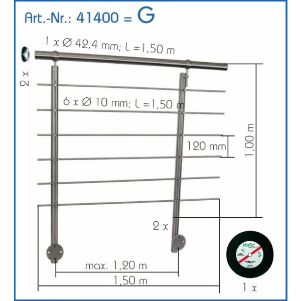 Edelstahlgeländer Berlin Grundmodul, Handlauf Ø 42,4 mm - 1,5 m, 6 Querstreben Ø 10 mm, 2 Pfosten, 2 Endkappen, 1 Trennscheibe.