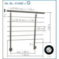 Edelstahlgeländer Berlin Grundmodul, Handlauf Ø 42,4 mm - 1,5 m, 6 Querstreben Ø 10 mm, 2 Pfosten, 2 Endkappen, 1 Trennscheibe.