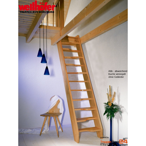 Raumspartreppe TopStep aus Eiche farblos versiegelt oder optional geölt mit geschwungenen (wechselseitig begehbaren) Stufen, ohne Geländer, Geschoßhöhe bis 285 cm, Treppenbreite 57 oder 67 cm, optional mit Geländer. Jede Raumspartreppe Topstep ist in der Höhe eine Maßanfertigung auf Ihr exaktes Höhenmaß.