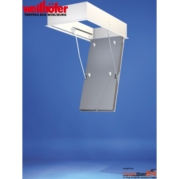 Wellhöfer Futterkasten mit WärmeSchutz 3D, Futterkastenhöhe 25 cm, stabiler Futterkasten 18 mm Multifunktionsplatte, folienbeschichtet, weiß, für tragende Zwecke im Feuchtbereich geeignet (EN 13986-P5), 25 cm hoch mit umlaufender Hohlkammer-Dichtung, Deckel 16 mm Holzspanplatte Melaminharzbeschichtet weiß mit umlaufender Möbelkante, inkl. WärmeSchutz 3D, bauteilgeprüfte Werte, Dämmwert U-Wert = 0,8 W/(m²K); Dichtklasse 4; Dichtwert Bodentreppe a=0,01, Dichtwert Deckenanschluss-System a=0,02, ohne Leiter, Lieferung inkl. weißem Kunststoffleisten-Stecksystem, Bedienstab und Montageanleitung. Standardmaße für lichte Öffnung: