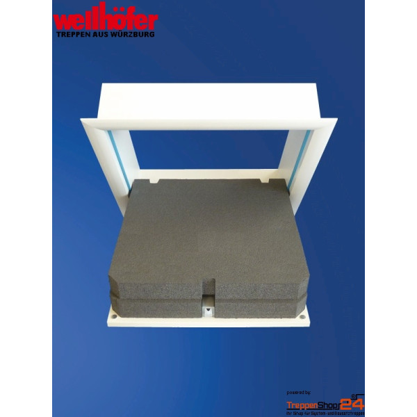 Wellhöfer Deckentüren für sehr kleine Deckenöffnungen 50x50 bzw. 60x60 cm mit Futterkasten, Höhe 10 cm, Deckel beidseitig weiß beschichtet, wärmegedämmt. Wellhöfer Deckentüren inkl. WärmeSchutz mit U-Wert 0,50.