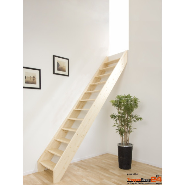 Raumspartreppe Deister aus Eiche mit 13 Steigungen (12 Stufen) eingstemmt, ohne Geländer für Geschosshöhen bis 80 cm. Gegen Mehrpreis in Nussbaum mit 14 und 15 Stg. und auch Maßanfertigung erhältlich!