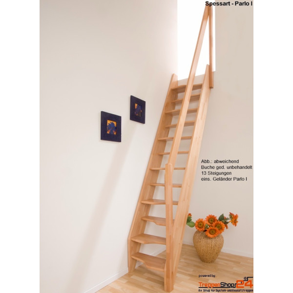 Raumspartreppe Spessart aus Eiche mit 14 Steigungen (13 Stufen) eingstemmt und wechselseitig begehbar, Geschosshöhe bis 295 cm, inkl. einseitigem Geländer. Gegen Mehrpreis in Nussbaum und mit 15 Stg. oder als Maßanfertigung erhältlich!
