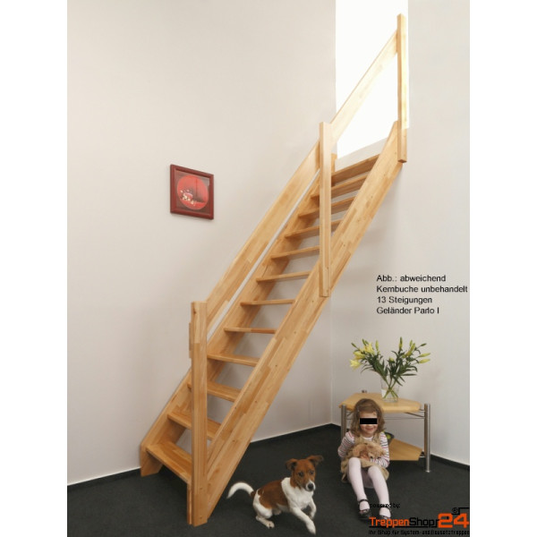 Raumspartreppe Dresden aus Eiche, 12 Steigungen (11 Stufen), Breite 80 cm, inkl. einseitigem Geländer für Geschosshöhen bis 258 cm. Gegen Mehrpreis in Ahorn mit 13, 14 und 15 Stg. und auch Maßanfertigung erhältlich!