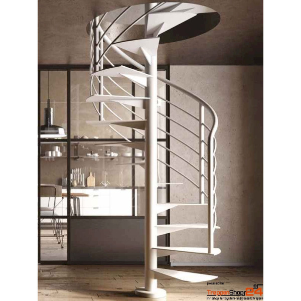 Spindeltreppe Iron Ø 120 cm, 12 Steigungen (11 Stufen + Podest) aus Stahlblech 8 mm, inkl. Relinggeländer mit Stahlhandlauf Ø 42,4 mm und Untergurten Ø 16 mm, alle Metallteile pulverbeschichtet.
