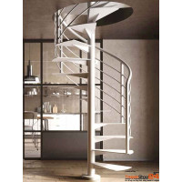 Spindeltreppe Iron Ø 120 cm, 12 Steigungen (11 Stufen + Podest) aus Stahlblech 8 mm, inkl. Relinggeländer mit Stahlhandlauf Ø 42,4 mm und Untergurten Ø 16 mm, alle Metallteile pulverbeschichtet.