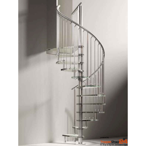 Spindeltreppe Vogue Glas Ø 160 cm, 12 Steigungen (11 Stufen + Podest), Geschosshöhe 240 - 270 cm, Glasstufen 32 mm VSG (10+10+10 mm), inkl. Edelstahlgeländer mit senkrechten Geländerstäben.