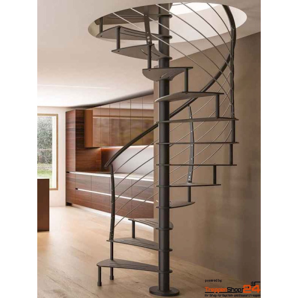 Spindeltreppe Ciclamino K Curve Ø100 cm, 12 Steigungen (11 Stufen + Standardpodest), Geschosshöhe 216 - 270 cm, geschwungene Stahlblechstufen 10 mm geschlitzt, inkl. Relinggeländer bestehend aus geschwungenen Doppelstahlpfosten mit 5 durchlaufenden Untergurten Ø10 mm Edelstahl und einem Stahlhandlauf Ø 42,4 mm.