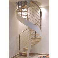 Spindeltreppe Ortensia D Ø 170 cm, 12 Steigungen (11 Stufen + Podest), Geschosshöhe 240 - 270 cm, mit Aussen- und Innenwange mit Massivholzstufen aus Buche, inkl. Relinggeländer komplett aus Edelstahl.