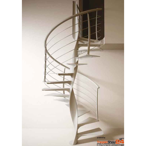 Spindeltreppe Xeno K Ø 130 cm, 12 Steigungen (11 Stufen + Podest), Geschosshöhe 240 - 270 cm, mit Stahlblechstufen 8 mm geschraubt an Schraubenförmiger Flachstahlmittelsäule, inkl. Relinggeländer mit Stahlhandlauf Ø 42,4 mm, Doppelflachstahlpfosten 40 x6 mm mit 5 durchlaufenden Untergurten aus Edelstahl Ø 10 mm, alle Metallteile pulverbeschichtet.