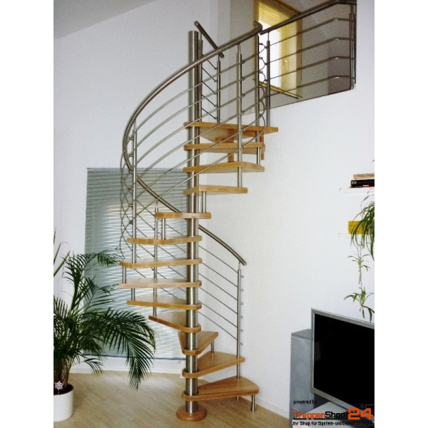 Spindeltreppe Ninfea Inox Ø 220 cm, 12 Stgeigungen (11 Stufen + Podest) für Höhe 216 - 258 cm, Buchenstufen, Relinggeländer komplett aus Edelstahl.