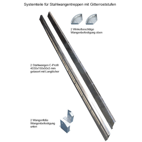Systemteile für Stahlwangentreppen mit B-Cube Stufen, individuell konfiguriebar für Höhen bis 550 cm, Stufenbreiten 60 - 100 cm, 2 Geländervarianten zur Wahl