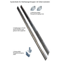 Systemteile für Stahlwangentreppen mit B-Cube Stufen, individuell konfiguriebar für Höhen bis 550 cm, Stufenbreiten 60 - 100 cm, 2 Geländervarianten zur Wahl