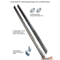 Systemteile für Stahlwangentreppen mit Lochblechstufen R13, individuell konfiguriebar für Höhen bis 550 cm, Stufenbreiten 50 - 150 cm, 2 Geländervarianten zur Wahl