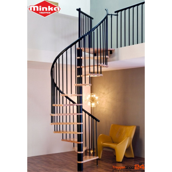Spindeltreppe Spiral Effect Ø 140 cm, 13 Steigungen (12 Stufen + Podest) für Höhe 242-309 cm, Buchenstufen versiegelt, inkl. Geländer, Metallteile pulverbeschichtet schwarz.