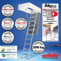 Wellhöfer Bodentreppe AluDrei WS3D, mit 3-teiliger Aluleiter, inkl. WärmeSchutz 3D geprüfter U-Wert 0,8 W/(m²K)für Deckenöffnung 120 x 70 cm, Futterkastenhöhe 25 cm, für Raumhöhen 197 - 284 cm.