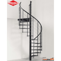 Spindeltreppe Milano Ø 140 cm, 13 Steigungen (12 Stufen + Podest) für Höhe 242-300 cm, Stahlstufen, inkl. Relinggeländer mit 5 Untergurten Ø6 mm und durchgehendem Kunststoffhandlauf, Metallteile pulverbeschichtet grau, schwarz oder weiß.