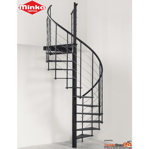 Spindeltreppe Milano Ø 160 cm, 13 Steigungen (12 Stufen + Podest) für Höhe 242-300 cm, Stahlstufen, inkl. Relinggeländer mit 5 Untergurten Ø6 mm und durchgehendem Kunststoffhandlauf, Metallteile pulverbeschichtet grau, schwarz oder weiß.