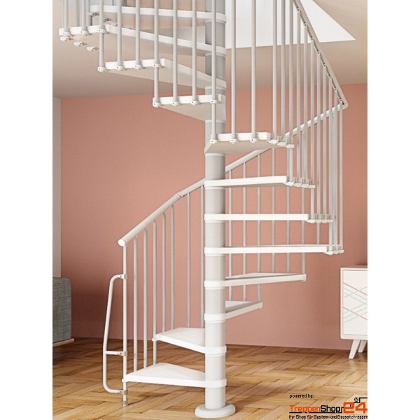 quadratische Spindeltreppe Flow Q 140x140, 10 Steigungen (9 Stufen + Podest) für Höhe 210,5 - 233 cm, inkl. Geländer, Stufen aus MDF weiß beschichtet, Metallteile pulverbeschichtet grau.