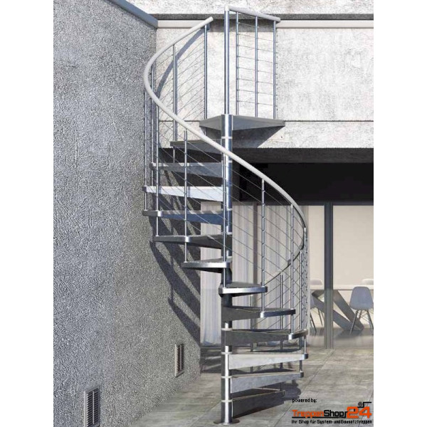 Spindeltreppe Econ FX-Z Ø 100 cm mit 10 Steigungen (9 Stufen + 1 Podest inkl. Podestgeländer) feuerverzinkt für eine Geschoßhöhe von 210,5 - 233 cm, inkl. Relinggeländer 7 Untergurte aus Edelstahlseil und grauen durchgehendem Kunststoffhandlauf.