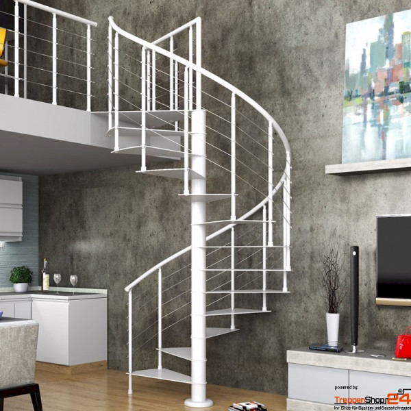 Spindeltreppe SLIM Ø 140 cm mit 10 Steigungen (9 Stufen + Podest) inkl. Relinggeländer, für Höhe 210,5-233 cm, Stahlblechstufen 10 mm, Metallteile pulverbeschichtet.