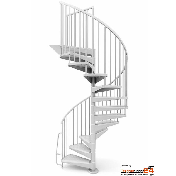 Spindeltreppe Star 04 Ø100 cm, 10 Steigungen (9 Stufen + Podest) für Höhe 210 - 232,5 cm, Stahlblechstufen, inkl. Geländer, Stahlteile pulverbeschichtet. Erweiterbar bis zu einer Höhe von 397 cm.