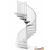 Spindeltreppe Star 04 Ø100 cm, 10 Steigungen (9 Stufen + Podest) für Höhe 210 - 232,5 cm, Stahlblechstufen, inkl. Geländer, Stahlteile pulverbeschichtet. Erweiterbar bis zu einer Höhe von 397 cm.