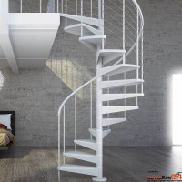Spindeltreppe Star FX Ø160 cm, 10 Steigungen (9 Stufen + Podest) für Höhe 210 - 232,5 cm, Stahlblechstufen, inkl. Relinggeländer, Stahlteile pulverbeschichtet. Erweiterbar bis zu einer Höhe von 397 cm.