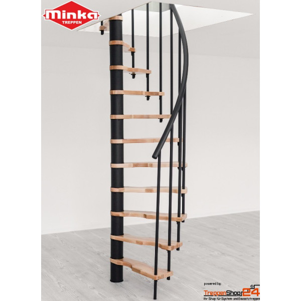 Sparspindeltreppe Suno Smart Ø 140 cm mit 13 Steigungen, 12 Sparstufen (wechselseitig begehbar) aus Buche keilgezinkt 35 mm naturbelassen, Geschosshöhe bis 305,5 cm, inkl. Geländer mit senkrechten Stäben und einem durchgehendem Kunststoffhandlauf, Metallteile pulverbeschichtet grau, schwarz oder weiß.
