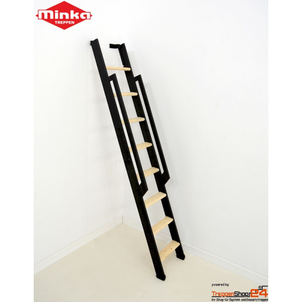 Raumspartreppe Strong zum an die Wand klappen mit 6 / 8 / 10 oder 12 Stufen für eine senkrechte Höhe bis 290 cm. Treppenbreite 36,5 cm, stabile Stahlwangen geteilt, Stufen 80 mm tief aus Fichte 27 mm stark, Metallteile pulverbeschichtet weiß oder schwarz