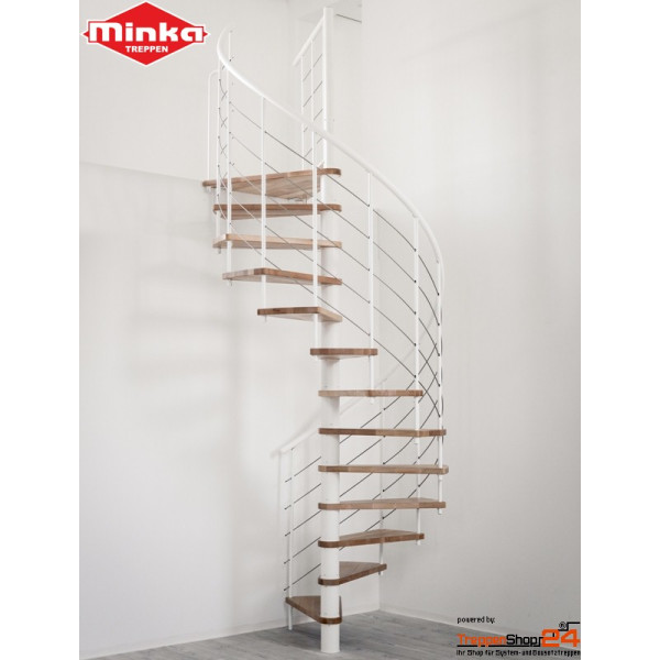Spindeltreppe Venezia Smart Ø 120 cm, 13 Steigungen (12 Stufen + Podest) für Höhe 247 - 305,5 cm, erweiterbar bis 352,5 cm, Stufen aus Eiche natur versiegelt, inkl. Relinggeländer mit 5 Untergurten aus Edelstahl Ø 6 mm und einem durchgehenden Kunststoffhandlauf, Metallteile pulverbeschichtet grau, weiß oder schwarz.