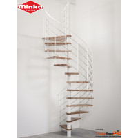 Spindeltreppe Venezia Smart Ø 120 cm, 13 Steigungen (12 Stufen + Podest) für Höhe 247 - 305,5 cm, erweiterbar bis 352,5 cm, Stufen aus Eiche natur versiegelt, inkl. Relinggeländer mit 5 Untergurten aus Edelstahl Ø 6 mm und einem durchgehenden Kunststoffhandlauf, Metallteile pulverbeschichtet grau, weiß oder schwarz.