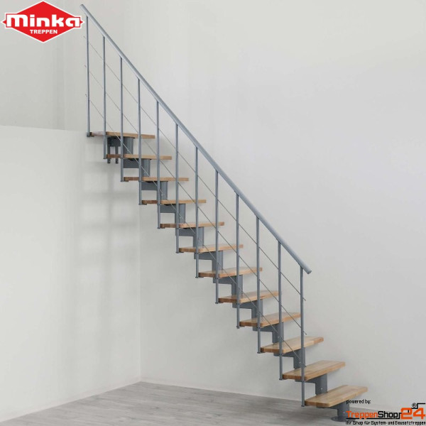 Mittelholmtreppe Comfort Top mit 12 Stufen aus Buche natur oder Buche gebeizt auf Walnuss, inkl. einseitigem Relingeländer mit 3 Untergurten aus Edelstahl Ø 6 mm und einem durchgehenden Kunststoffhandlauf, Geschosshöhe 148 - 312 cm, Stufenbreite 80 cm (Treppenbreite 85 cm), Metallteile pulverbeschichtet weiß, grau oder schwarz, für geraden oder leicht gebogenem Aufbau geeignet.