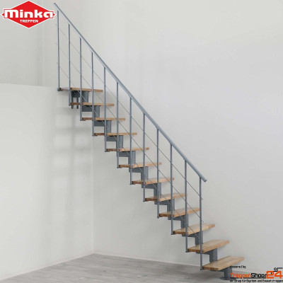 Mittelholmtreppe Comfort Top mit 12 Stufen aus Buche natur oder Buche gebeizt auf Walnuss, inkl. einseitigem Relingeländer mit 3 Untergurten aus Edelstahl Ø 6 mm und einem durchgehenden Kunststoffhandlauf, Geschosshöhe 148 - 312 cm, Stufenbreite 80 cm (Treppenbreite 85 cm), Metallteile pulverbeschichtet weiß, grau oder schwarz, für geraden oder leicht gebogenem Aufbau geeignet.