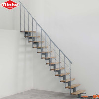 Mittelholmtreppe Comfort Top mit 12 Stufen aus Buche natur oder Buche gebeizt auf Walnuss, inkl. einseitigem Relingeländer mit 3 Untergurten aus Edelstahl Ø 6 mm und einem durchgehenden Kunststoffhandlauf, Geschosshöhe 148 - 312 cm, Stufenbreite 80 cm (Treppenbreite 85 cm), Metallteile pulverbeschichtet weiß, grau oder schwarz, für geraden oder leicht gebogenem Aufbau geeignet.