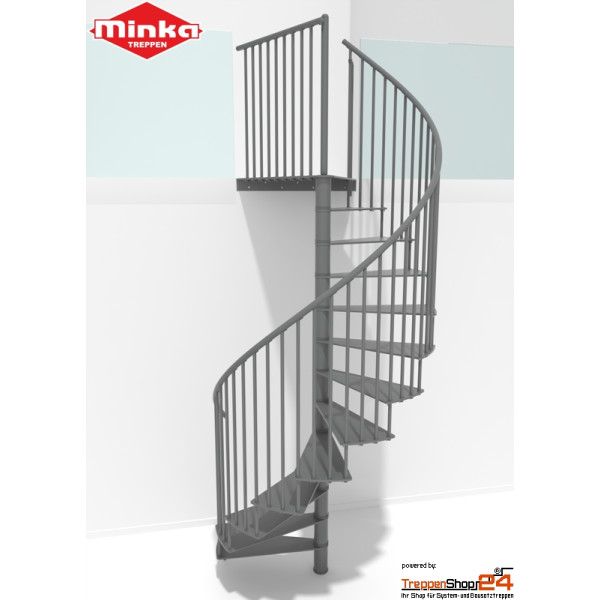 Spindeltreppe Portofino Ø 120 cm, 13 Steigungen (12 Stufen + Podest) für Höhe 210-300 cm, Stahlblechstufen, inkl. Einzelstabgeländer mit Kunststoffhandlauf, Metallteile pulverbeschichtet grau, schwarz oder weiß.