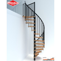 Spindeltreppe Berlin Ø 140 cm, 12 Steigungen (11 Stufen + Podest) für Höhe 177-282 cm, Buchestufen fertig lackiert, inkl. Einzelstabgeländer mit durchgehendem Kunststoffhandlauf, Metallteile pulverbeschichtet grau, schwarz oder weiß.