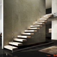 Kragarmtreppe Cantileva mit 8 Steigungen / 7 Stufen 80 x 32 x 10 cm massiv verleimten Buchenstufen inkl. innenliegender Tragkonstruktion Stahl mit 1 cm dicker Befestigungsplatte, erweiterbar bis GH 420 cm.