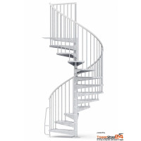 Spindeltreppe Econ ZinkColor Ø120 cm mit 10 Steigungen (9 Stufen + 1 Podest inkl. Podestgeländer) für eine Geschoßhöhe von 210,5 - 233 cm, inkl. Einzelstabgeländer mit senkrechten Rundstäben und grauen Kunststoffhandlauf, alle Metallteile sind verzinkt und pulverbeschichtet weiß, grau oder schwarz.
