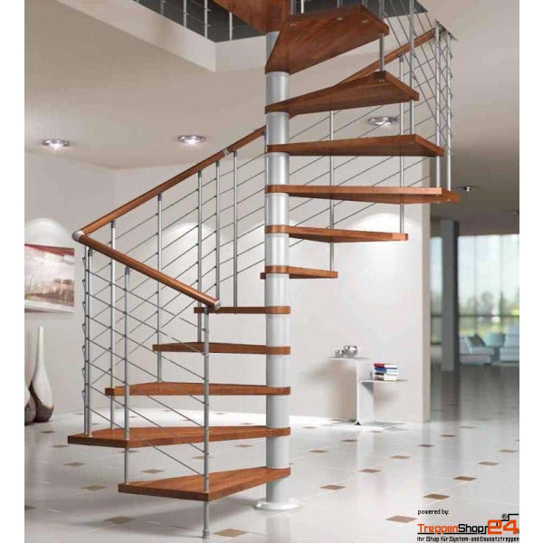 quadratische Spindeltreppe Fox Q 162x162 cm, 10 Steigungen (9 Stufen + Podest) für Höhe 210 - 232,5 cm, inkl. Geländer, Stufen aus Buche, Metallteile pulverbeschichtet grau matt, weiß matt oder schwarz matt.