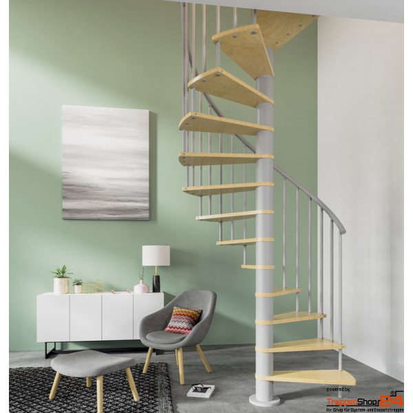 Spindeltreppe Hoop Ø 118 cm mit 12 Steigungen Birke-Multiplex ohne Podest inkl. Geländer, Geschosshöhe 246 - 288 cm, Metallteile pulverbeschichtet weiß oder silbergrau.