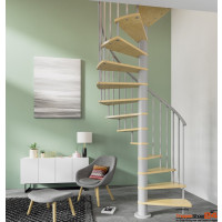 Spindeltreppe Hoop Ø 118 cm mit 12 Steigungen Birke-Multiplex ohne Podest inkl. Geländer, Geschosshöhe 246 - 288 cm, Metallteile pulverbeschichtet weiß oder silbergrau.