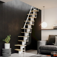 Raumspartreppe Small mit 10 wechselseitig begehbaren Stufen aus Birke-Multiplex, inkl. einseitigem Geländer mit Kunststoffhandlauf, für eine Geschosshöhe von 221 -  261 cm, Treppenbreite 64 cm, Metallteile pulverbeschichtet