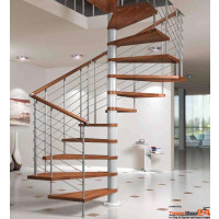quadratische Spindeltreppe Fox Q 152x152 cm, 10 Steigungen (9 Stufen + Podest) für Höhe 210 - 232,5 cm, inkl. Geländer, Stufen aus Buche, Metallteile pulverbeschichtet grau matt, weiß matt oder schwarz matt.