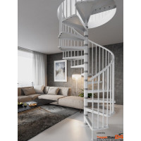 Spindeltreppe Gamia Metal Ø 140 cm, 12 Steigungen (11 Stufen + Podest) für Höhe 210 - 276 cm, inkl. Einzelstabgeländer, Stufen aus Stahlblech, Metallteile pulverbeschichtet weiß. Erweiterbar mit Zusatzstufen bis 368 cm.